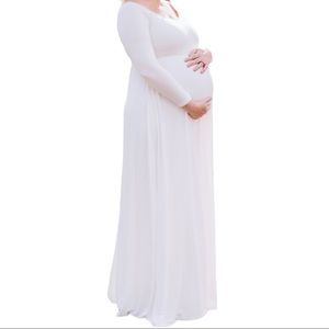 PinkBlush Ivory White Cream Solid Off Shoulder Maternity Maxi Dress